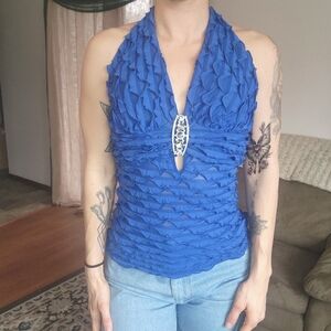 Body C Blue Ruffle Halter Top With Brooch Detail Size Medium
